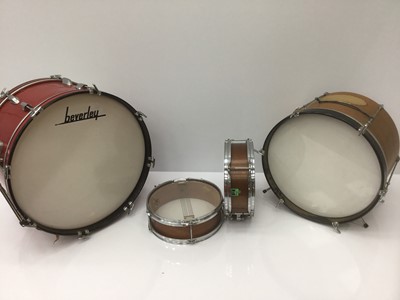 Lot 71 - Two Premier snare drums, Beverley bass drum and another, snare drums basically as new condition, minor deterioration associated with age, some cosmetic deterioration to the other two
