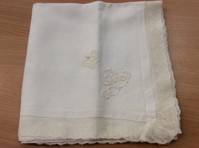 Lot 70 - H.M. Queen Adelaide, Queen Consort of  H.M. King William IV, very rare embroidered handkerchief of the finest linen with beautifully embroidered crowned AR cipher to one corner and fine lace border...