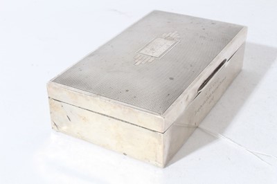 Lot 148 - Pigeon Racing Interest- George VI silver cigarette box of rectangular form with engine turned decoration to lid and central cartouche engraved Bluebell and engraving to the front 'R.B.O.D. Trophy f...