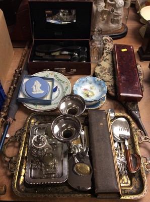 Lot 409 - Vanity set in leather suitcase, plated ink stand, Eastern brass tray and sundries