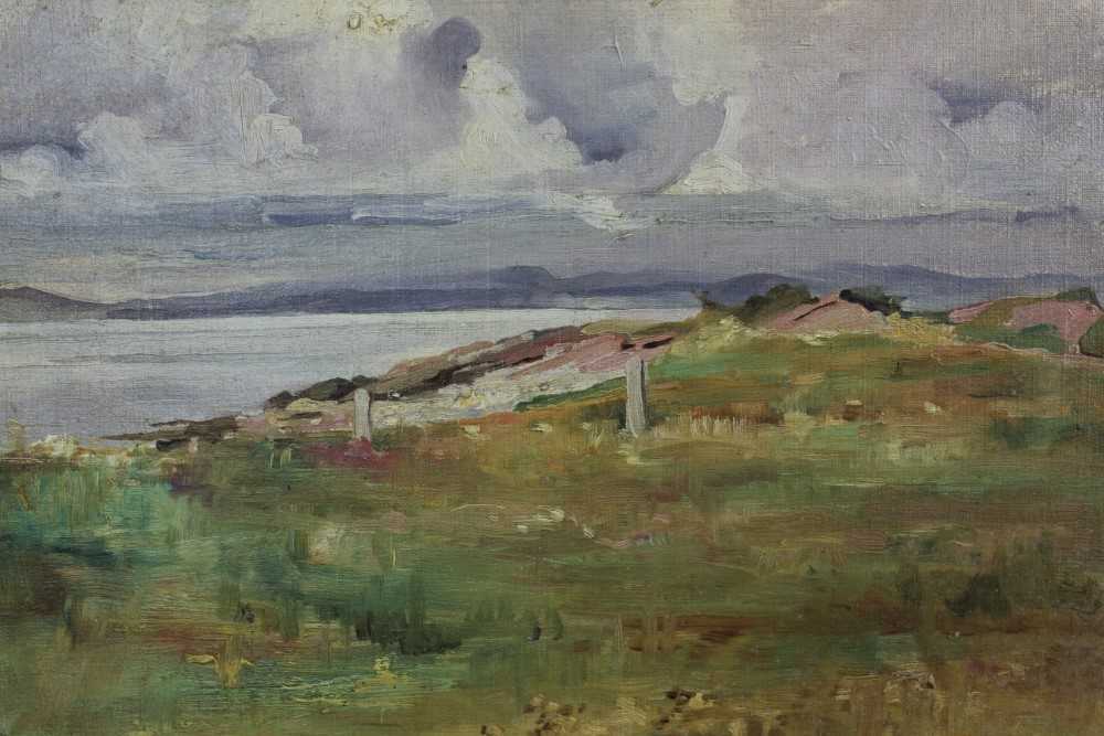 Lot 177 - H. Ross-Fraser, early 20th century oil on canvas board - loch-side landscape, signed and dated '12, unframed, 25.5cm x 35.5cm
