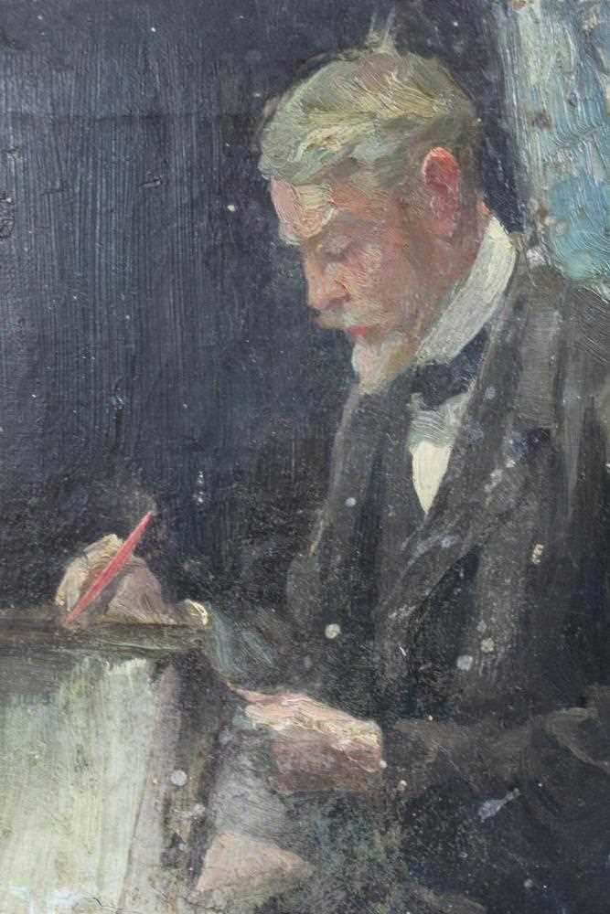 Lot 179 - Gilbert, 1920s English School oil on canvas - portrait of an artist, indistinctly inscribed verso and dated 1921, unframed, 25.5cm x 20.5cm