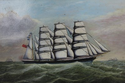 Lot 181 - Victorian English School oil on board - an English Schooner at sea, initialled and dated G.W.G. 1887, unframed, 30.5cm x 47cm