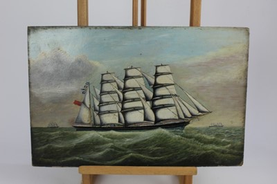 Lot 181 - Victorian English School oil on board - an English Schooner at sea, initialled and dated G.W.G. 1887, unframed, 30.5cm x 47cm