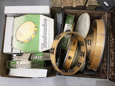 Lot 111 - Collection of tambourines and other percussion, mostly unused old stock condition
