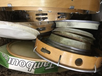 Lot 111 - Collection of tambourines and other percussion, mostly unused old stock condition