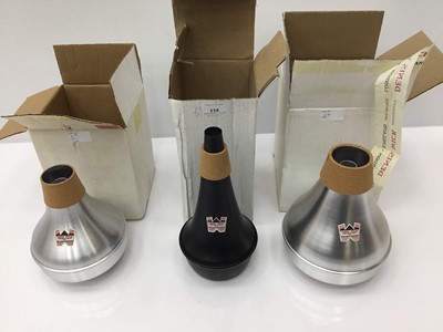 Lot 114 - Denis Wick trombone wah-wah mute, together with a Denis Wick bass trombone wah-wah mute, and a trombone practise mute, all in new condition