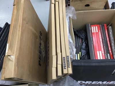 Lot 121 - Large quantity of drum heads, including six Premier bass drum skins, various others, the majority in time-stained and damp wearied boxes but the contents apparently ok