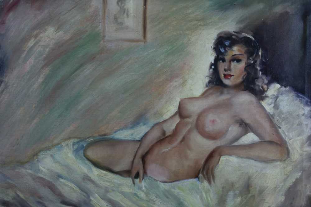 Lot 126 - Anne Cintellys, mid 20th century oil on canvas - reclining female nude, signed, unframed, 54cm x 65cm
