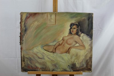 Lot 193 - Anne Cintellys, mid 20th century oil on canvas - reclining female nude, signed, unframed, 54cm x 65cm