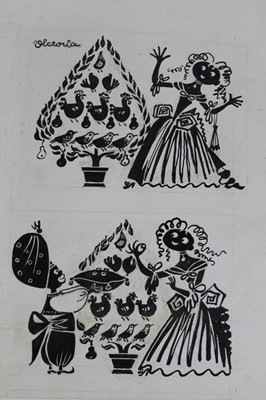 Lot 195 - Victoria Davidson (1915-1999) collection of pen and ink illustrations for the 'Twelve Days of Christmas', another set of illustrations for 'washing your face' and a letter from Penguin books discus...