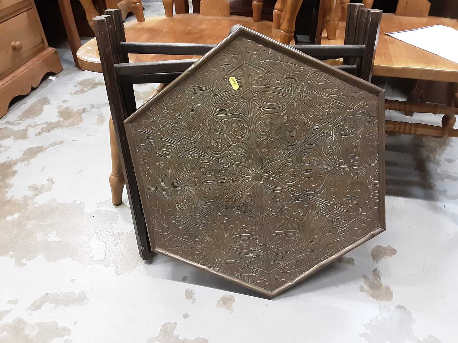 Lot 1075 - Brass occasional table with hexagonal top on folding base