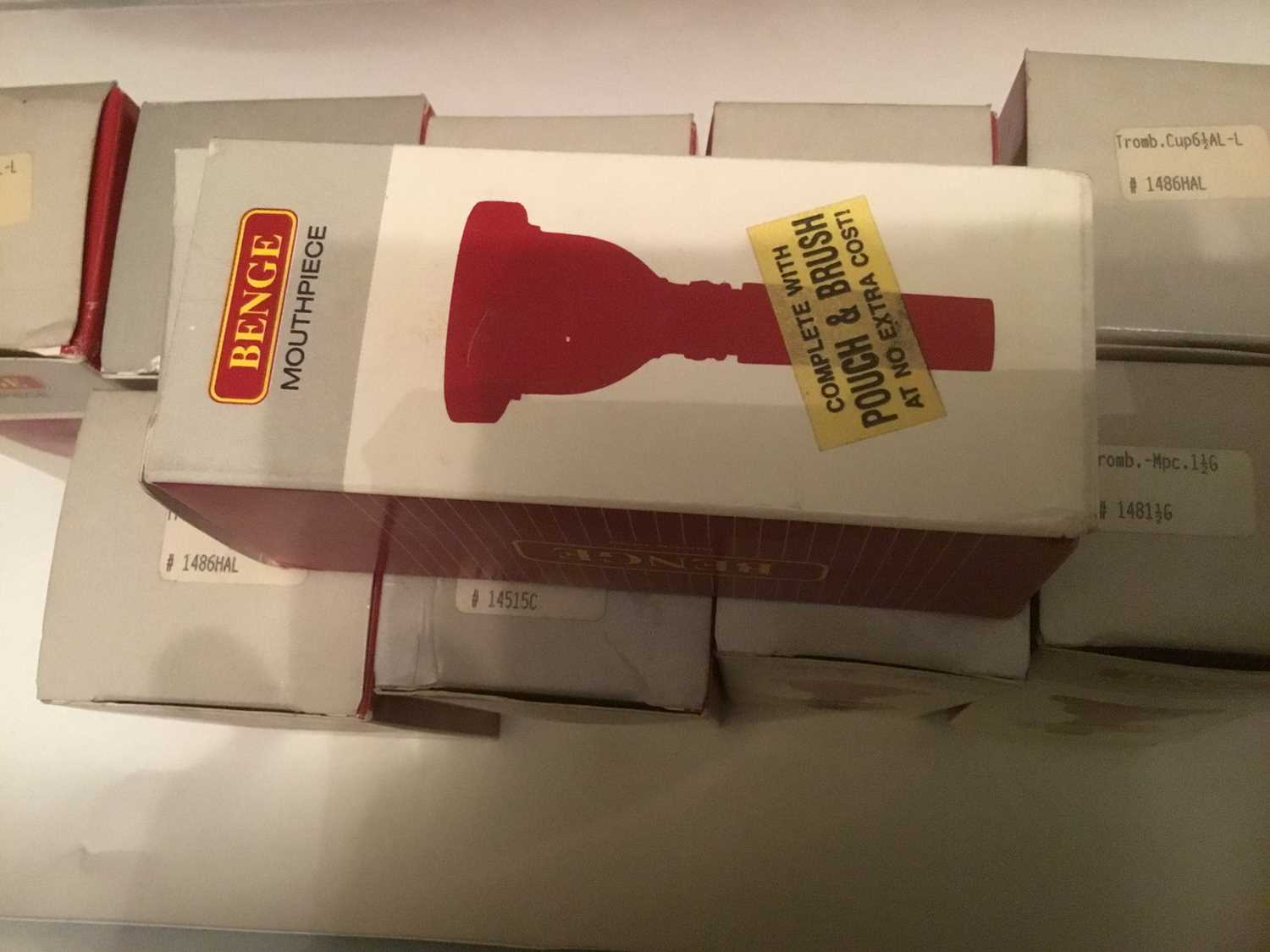 Lot 136 - Ten Benge trombone mouthpieces, various sizes, all boxed and in unused condition