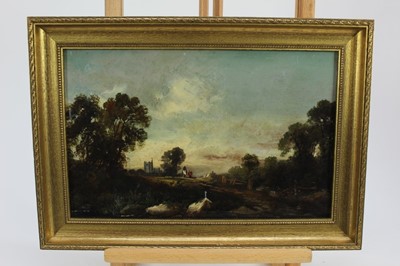 Lot 224 - English School, 19th century, oil on panel - travellers in a rural lane with a church beyond, in gilt frame, 21cm x 34cm