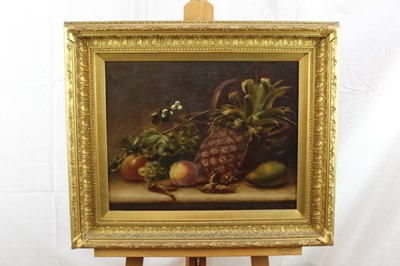 Lot 225 - English School, 19th century, oil on canvas - still life of fruit on a ledge, in gilt frame, 35cm x 45cm