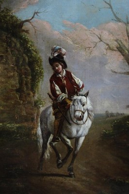 Lot 226 - Dutch School, late 19th century, oil on board - a gentleman on a grey horse riding through a landscape, in gilt frame, 26cm x 21cm
