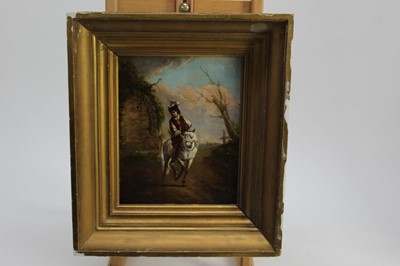 Lot 226 - Dutch School, late 19th century, oil on board - a gentleman on a grey horse riding through a landscape, in gilt frame, 26cm x 21cm