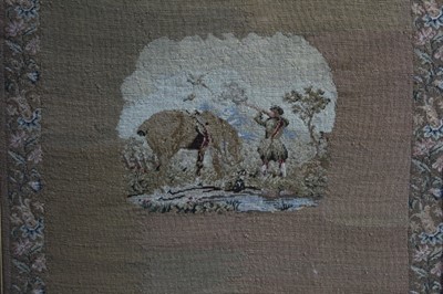 Lot 228 - 19th century needlework panel depicting a shooting figure and pony, in glazed maple veneered frame, 37cm x 32cm, 48.5cm x 43cm overall frame size