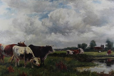 Lot 231 - Flemish School, late 19th century, oil on canvas - cattle grazing, in gilt frame, 60cm x 101cm