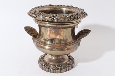 Lot 171 - Good quality 19th century silver plated wine cooler of campana form with twin shell handles, removable liner with decorative foliate and scroll border, on circular foot with similar border, platers...