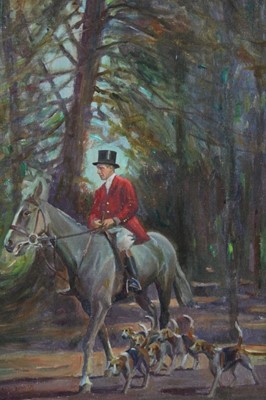 Lot 285 - Geoffrey Mortimer (1895-1986), oil on board, George VI riding with the hounds near Sandringham, signed, in gilt frame