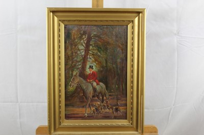 Lot 285 - Geoffrey Mortimer (1895-1986), oil on board, George VI riding with the hounds near Sandringham, signed, in gilt frame