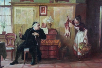 Lot 287 - Mid 20th century Italian School, oil on board, An interior scene with a priest and a maid, indistinctly signed, in gilt frame, 29 x 40cm