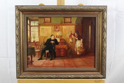 Lot 287 - Mid 20th century Italian School, oil on board, An interior scene with a priest and a maid, indistinctly signed, in gilt frame, 29 x 40cm
