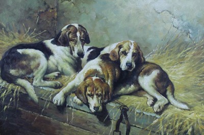 Lot 286 - Manner of John Emms, oil on panel, Three hounds resting on hay, in gilt frame, 30 x 40cm