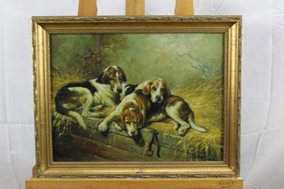 Lot 286 - Manner of John Emms, oil on panel, Three hounds resting on hay, in gilt frame, 30 x 40cm