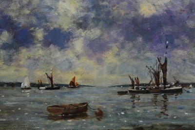 Lot 282 - David Baxter of Norwich, oil on board, Sailing vessels at anchor on The Orwell, signed with initials, in gilt frame, 14.5 x 19cm