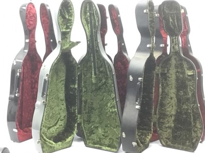 Lot 158 - Five full size cello hard cases, two with incomplete lining, all with dirt to exterior and minor wear some rusting to metalwork