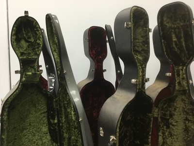 Lot 158 - Five full size cello hard cases, two with incomplete lining, all with dirt to exterior and minor wear some rusting to metalwork