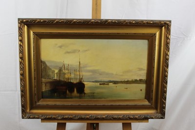 Lot 278 - 19th century English School, oil on panel, A continental harbour scene with many figures on the quay and fishing vessels at anchor, in gilt frame, 28 x 49cm