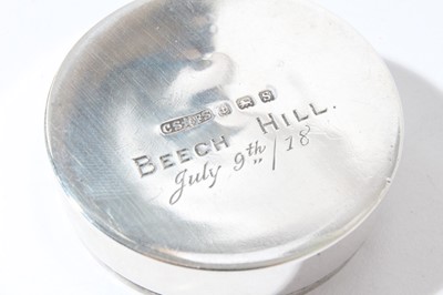 Lot 180 - George V travelling sugar container of circular form with domed push fit cover engraved sugar and presentation inscription to base 'Beech Hill, July 19th 18'' (Birmingham 1917), maker Cornelius Sau...