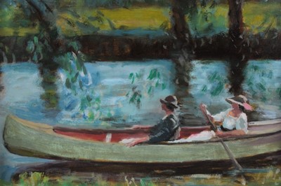 Lot 288 - Manner of Sir Alfred J. Munnings P.R.A. (1878-1959), oil on board, Two ladies in a canoe on the River Stour, in gilt frame, 21 x 27cm