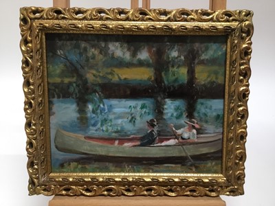 Lot 288 - Manner of Sir Alfred J. Munnings P.R.A. (1878-1959), oil on board, Two ladies in a canoe on the River Stour, in gilt frame, 21 x 27cm