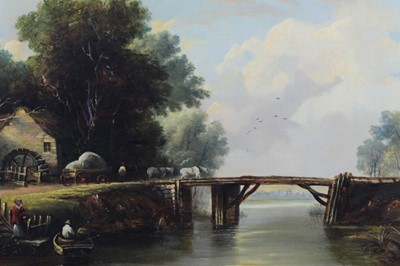Lot 277 - 19th century English School, oil on canvas, A river landscape with a horse drawn hay wagon crossing a bridge by a watermill, in gilt frame, 41 x 62cm