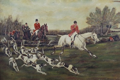 Lot 283 - English School circa 1900, oil on canvas, A hunting scene, in veneered walnut frame, 37 x 55cm