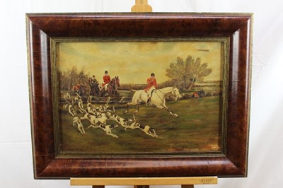 Lot 283 - English School circa 1900, oil on canvas, A hunting scene, in veneered walnut frame, 37 x 55cm