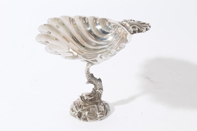Lot 184 - Good quality contemporary silver dish in the form of a scallop shell, with shell thumb piece, raised on classical Dolphin, on naturalistic base, (Sheffield 1973), maker Royal Irish Silver Co, all a...