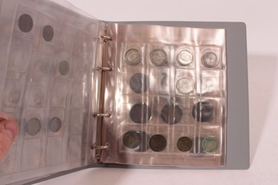 Lot 389 - G.B. A coin folder containing mixed coinage to include silver Charles II four pence 1679 F, George III threepence 1763 G.V.F., shilling 1787 A.V.F. copper twopence 1797 G.F. and other issues