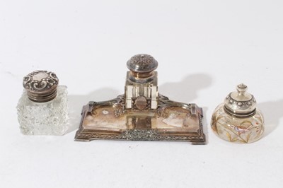 Lot 189 - American hobnail cut glass inkwell, with silver mount, stamped Sterling, together with two other white metal inkwells (3)