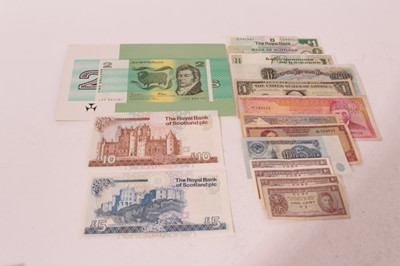 Lot 393 - World - mixed banknotes to include the Royal Bank of Scotland Brown £10 1987 Prefix A/5 Unc, Blue £5 1987 Prefix A/2 Unc and others (total 16 Banknotes)