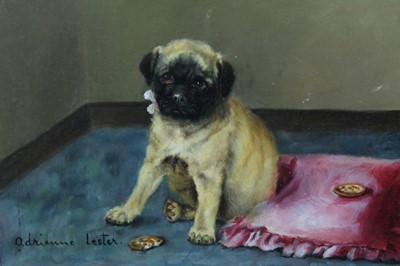 Lot 260 - Adrienne Lester, oil on board - a pug puppy, entitled "Born only to Consume Food", signed and titled, unframed, 26cm x 36cm overall
