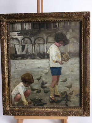 Lot 261 - Florence Humphrey-Holland, 1950s English School, tempera on panel - two girls feeding pigeons, entitled verso 'Venice, Breakfast Time', original label verso, in gilt frame, 40cm x 33cm