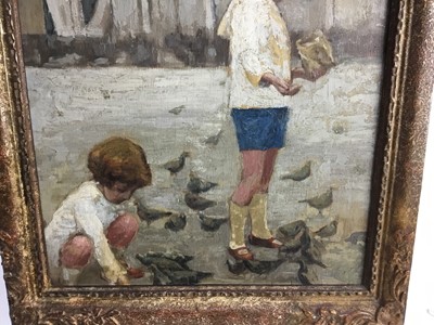 Lot 261 - Florence Humphrey-Holland, 1950s English School, tempera on panel - two girls feeding pigeons, entitled verso 'Venice, Breakfast Time', original label verso, in gilt frame, 40cm x 33cm
