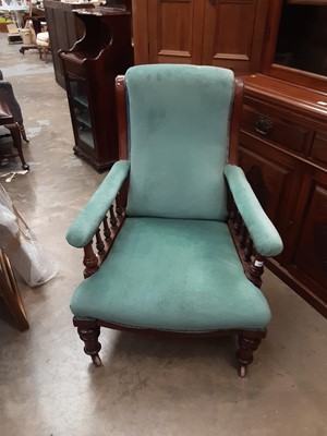 Lot 1086 - Victorian mahogany framed easy chair with blue upholstery