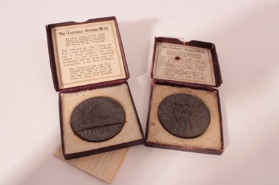 Lot 406 - G.B. - Replicas of The W.W.I. "Lusitania" (German) medal x2 UNC, in boxes of issue, one with original pamphlet proclaiming "A German Naval Victory - 10th May 1915" (2 medals)