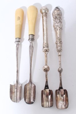Lot 206 - Two 19th century silver plated Stilton scoops with turned Ivory handles, together with another two with silver plated handles (4)
